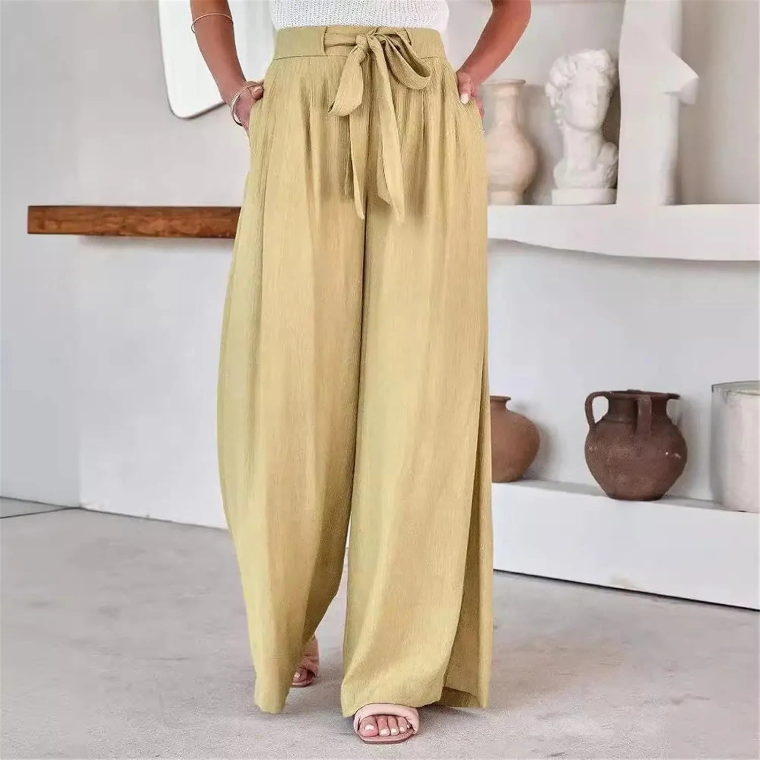 Women's High Waisted Flowing Wide Leg Pants Solid Color Belted Pockets Loose Casual Trousers
