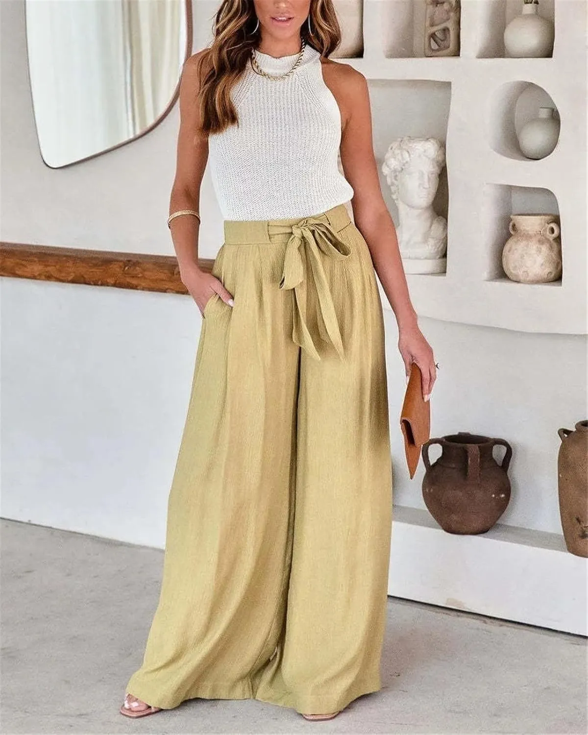 Women's High Waisted Flowing Wide Leg Pants Solid Color Belted Pockets Loose Casual Trousers