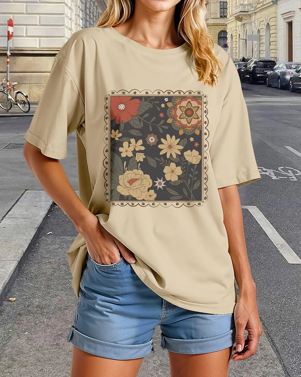 Womens Oversized Graphic Tees Vintage Casual Drop Shoulder T-Shirt Print Summer Holiday Loose Fit Tops