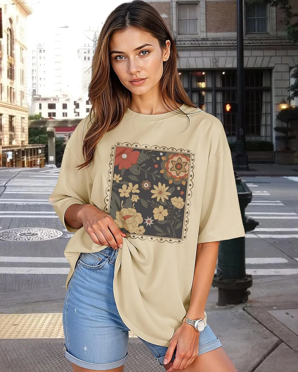 Womens Oversized Graphic Tees Vintage Casual Drop Shoulder T-Shirt Print Summer Holiday Loose Fit Tops