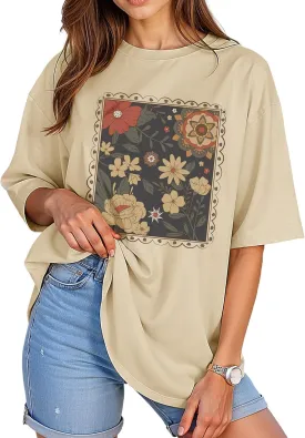 Womens Oversized Graphic Tees Vintage Casual Drop Shoulder T-Shirt Print Summer Holiday Loose Fit Tops