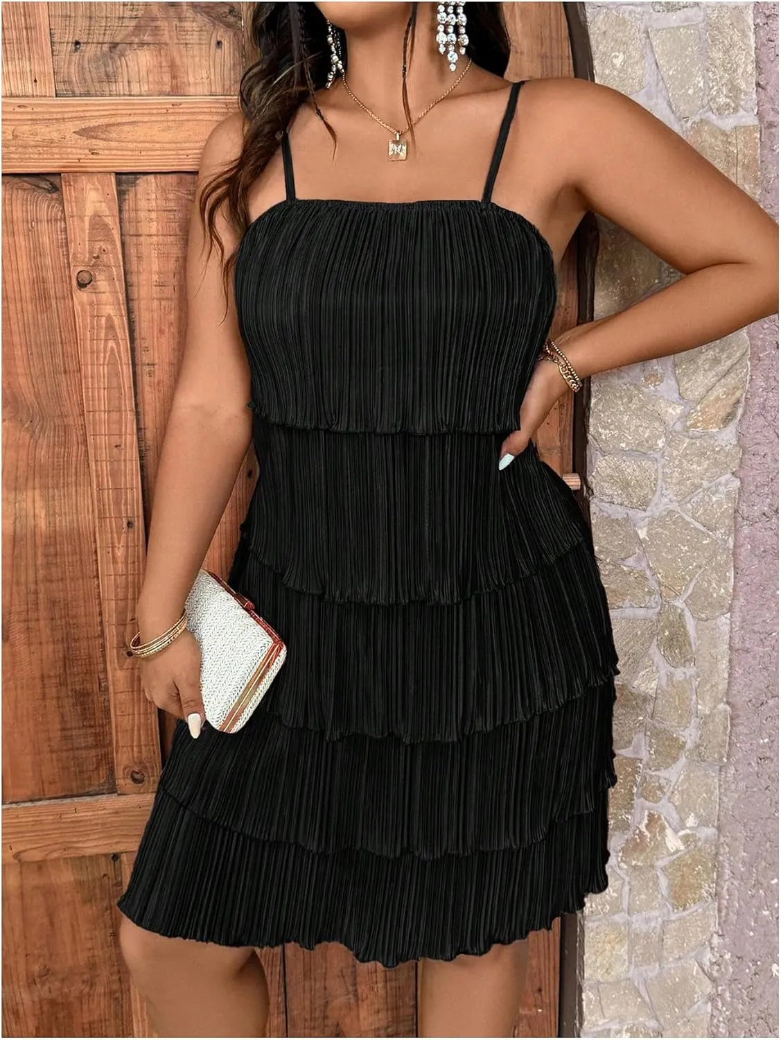 Women's Plus Size Textured Cami Dress Tiered Layer Spaghetti Strap Dress Sleeveless Holiday Short Dresses