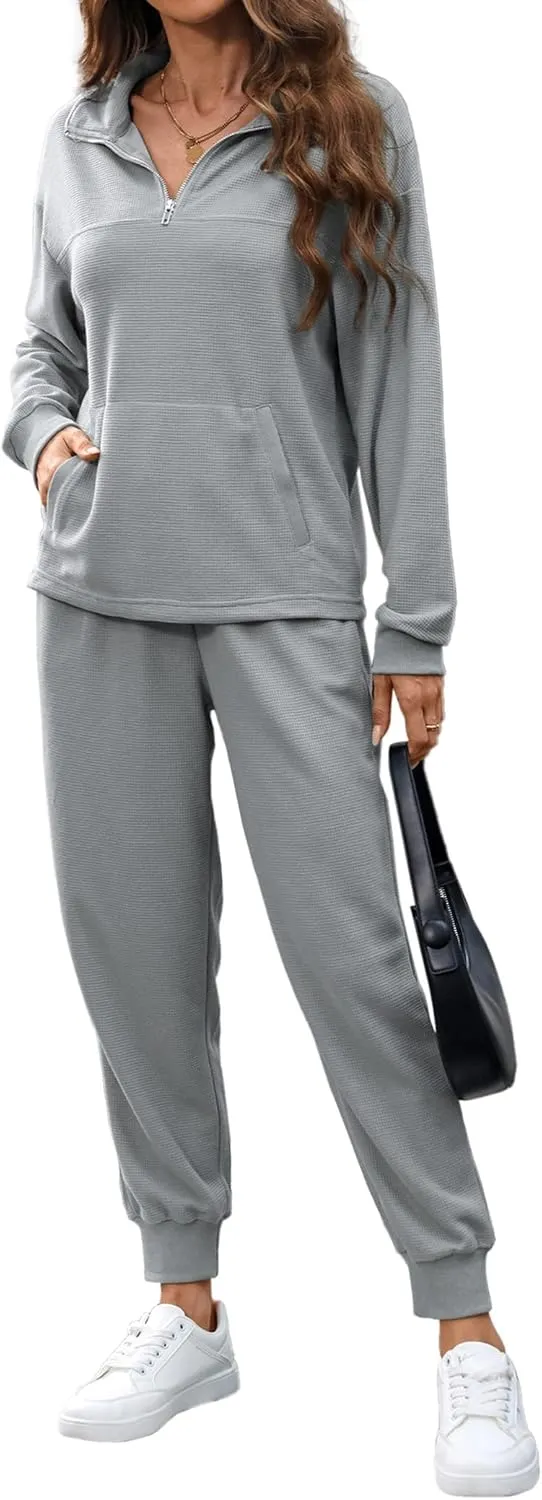 Women's Waffle Knit 2 Piece Outfits Lounge Sets 1/4 Zip Up Pullover Long Sleeve Top Jogger Sweats Track Suits Set