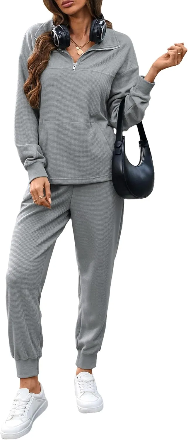 Women's Waffle Knit 2 Piece Outfits Lounge Sets 1/4 Zip Up Pullover Long Sleeve Top Jogger Sweats Track Suits Set