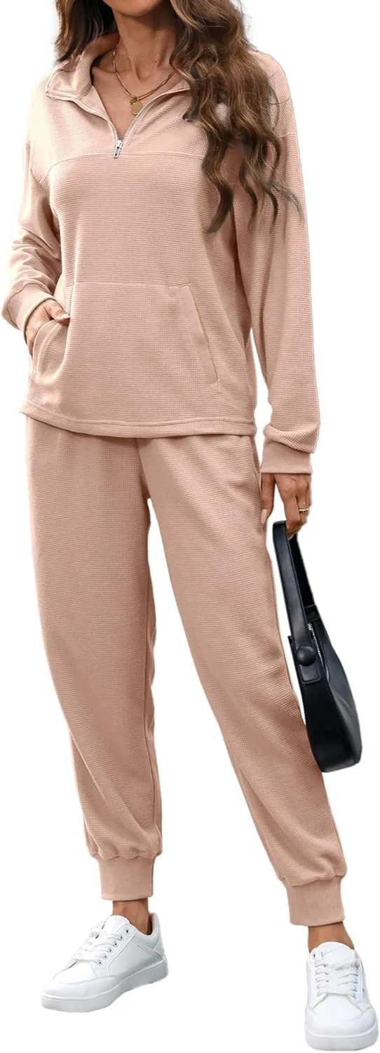 Women's Waffle Knit 2 Piece Outfits Lounge Sets 1/4 Zip Up Pullover Long Sleeve Top Jogger Sweats Track Suits Set
