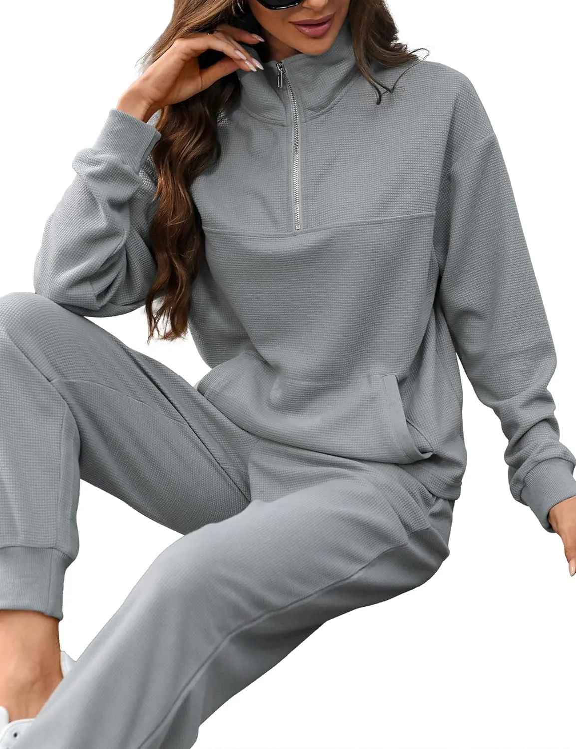 Women's Waffle Knit 2 Piece Outfits Lounge Sets 1/4 Zip Up Pullover Long Sleeve Top Jogger Sweats Track Suits Set