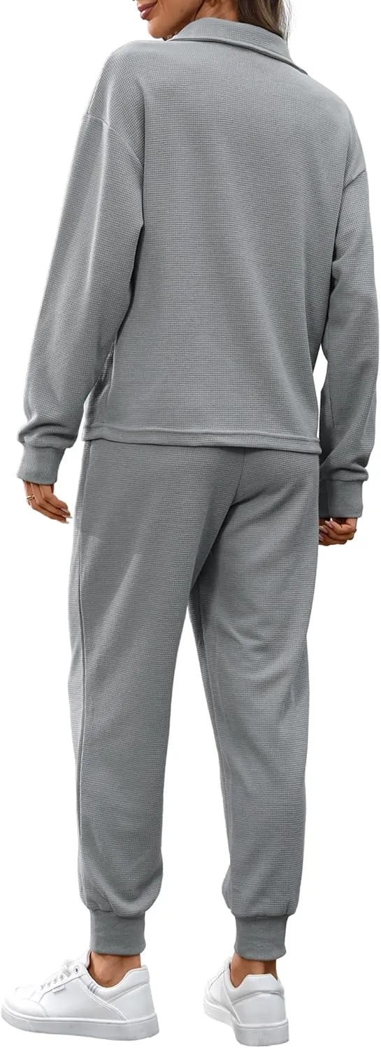 Women's Waffle Knit 2 Piece Outfits Lounge Sets 1/4 Zip Up Pullover Long Sleeve Top Jogger Sweats Track Suits Set