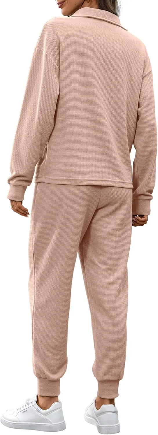 Women's Waffle Knit 2 Piece Outfits Lounge Sets 1/4 Zip Up Pullover Long Sleeve Top Jogger Sweats Track Suits Set