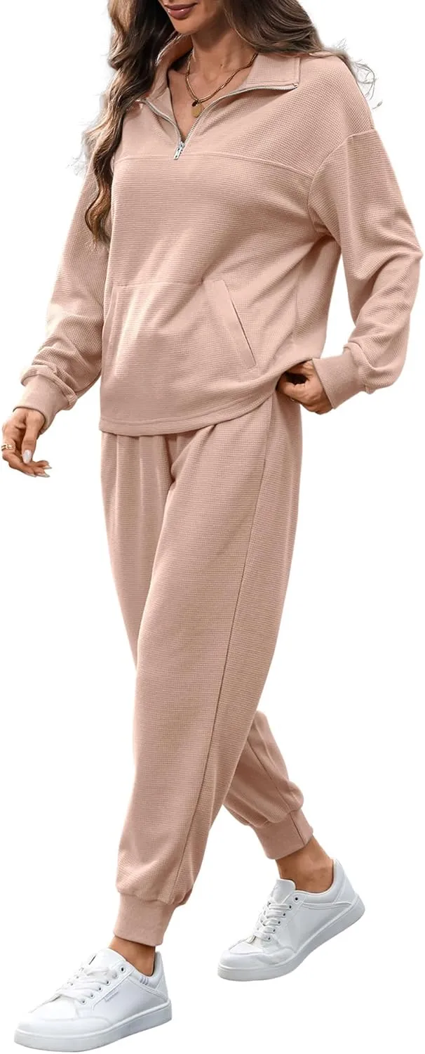 Women's Waffle Knit 2 Piece Outfits Lounge Sets 1/4 Zip Up Pullover Long Sleeve Top Jogger Sweats Track Suits Set