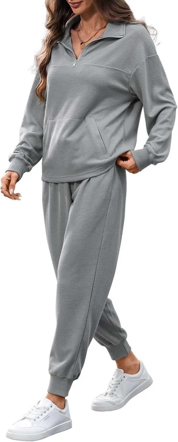 Women's Waffle Knit 2 Piece Outfits Lounge Sets 1/4 Zip Up Pullover Long Sleeve Top Jogger Sweats Track Suits Set