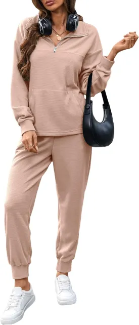 Women's Waffle Knit 2 Piece Outfits Lounge Sets 1/4 Zip Up Pullover Long Sleeve Top Jogger Sweats Track Suits Set