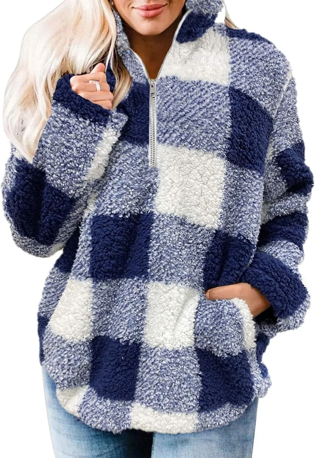 ZESICA Women's Plaid Long Sleeve Zipper Sherpa Fleece Sweatshirt Pullover Jacket Coat with Pockets