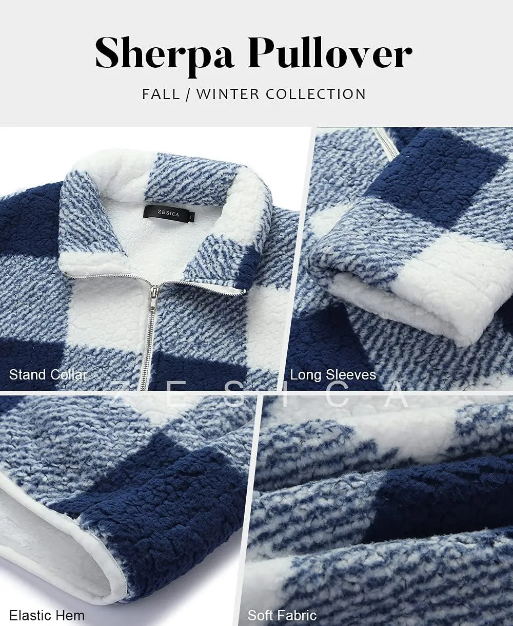 ZESICA Women's Plaid Long Sleeve Zipper Sherpa Fleece Sweatshirt Pullover Jacket Coat with Pockets