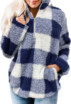 ZESICA Women's Plaid Long Sleeve Zipper Sherpa Fleece Sweatshirt Pullover Jacket Coat with Pockets